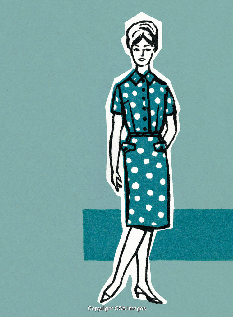 Vintage Style Illustration of a Woman in Polka Dot Dress Pose