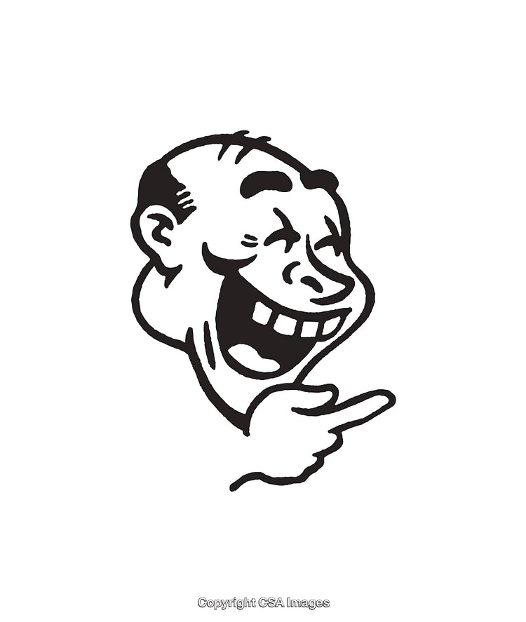 Black and White Line Art Illustration of a Laughing Man Pointing
