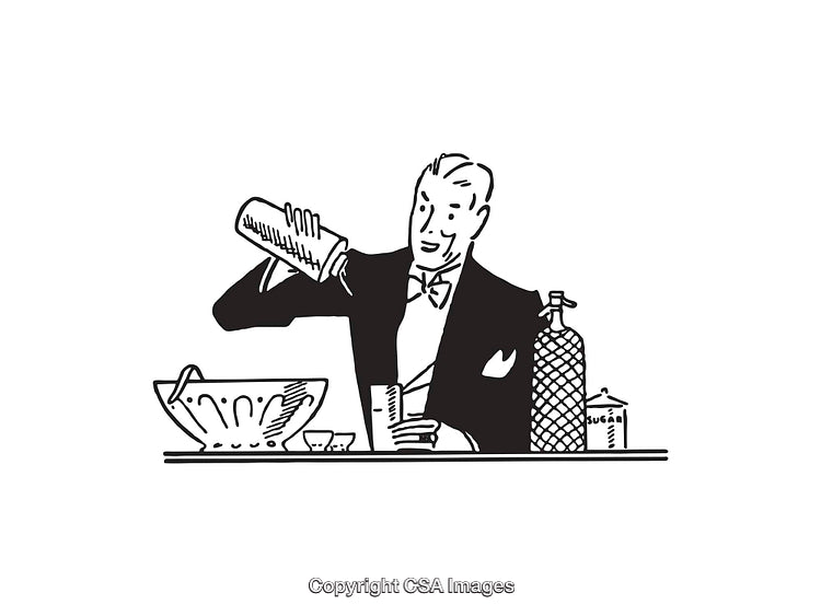 Vintage Line Art Illustration of a Gentleman Mixing a Cocktail