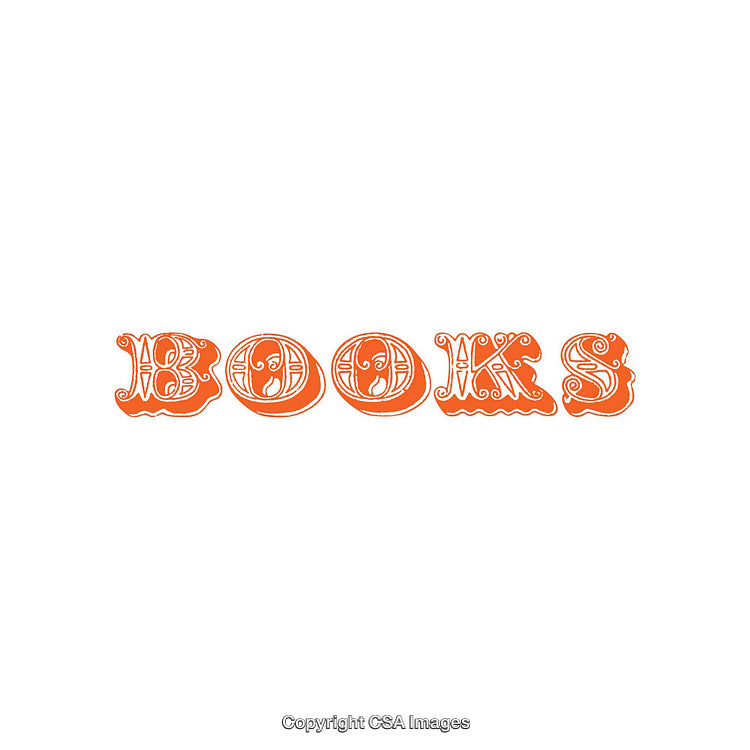 Vintage Ornamental Orange Typography on White Background Depicting the Word 'Books'