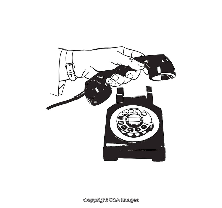 Hand Holding Rotary Telephone Receiver in Classic Black and White Line Art