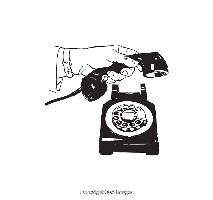 Hand Holding Rotary Telephone Receiver in Classic Black and White Line Art