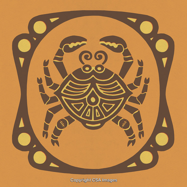Stylized Crab Illustration with Tribal-Inspired Patterns on Orange Background