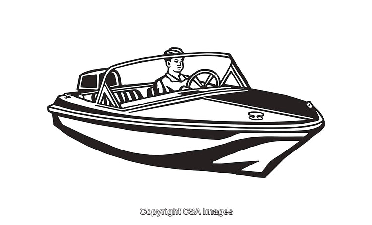 Black And White Line Art Illustration of a Driver in a Speedboat
