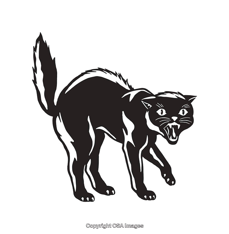 Black And White Illustration of a Hissing Black Cat in Scary Pose