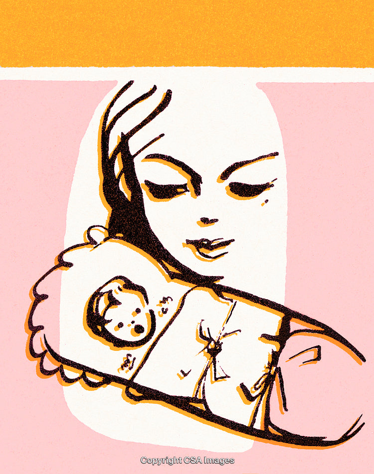 Illustrated Mother Holding a Wrapped Baby in Soft Pastel Colors