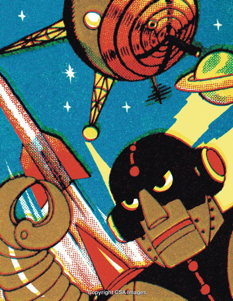 Retro Futuristic Space Exploration Scene With Robot and Celestial Artwork