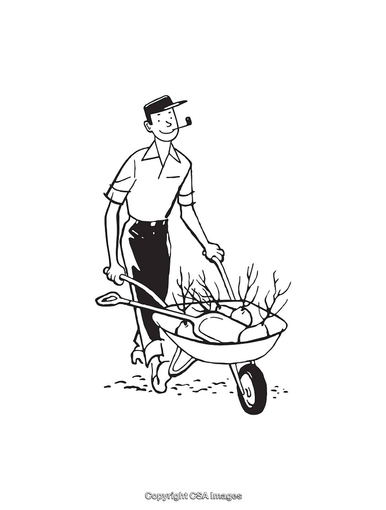Black And White Line Art of Smiling Gardener with Wheelbarrow