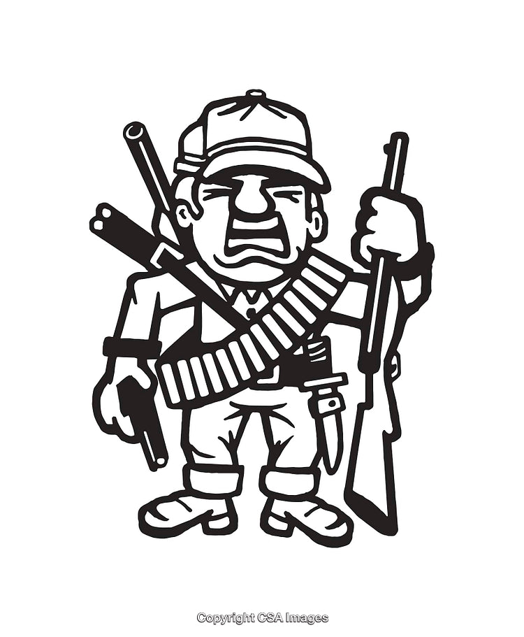 Black and White Line Art of Armed Soldier Character Illustration