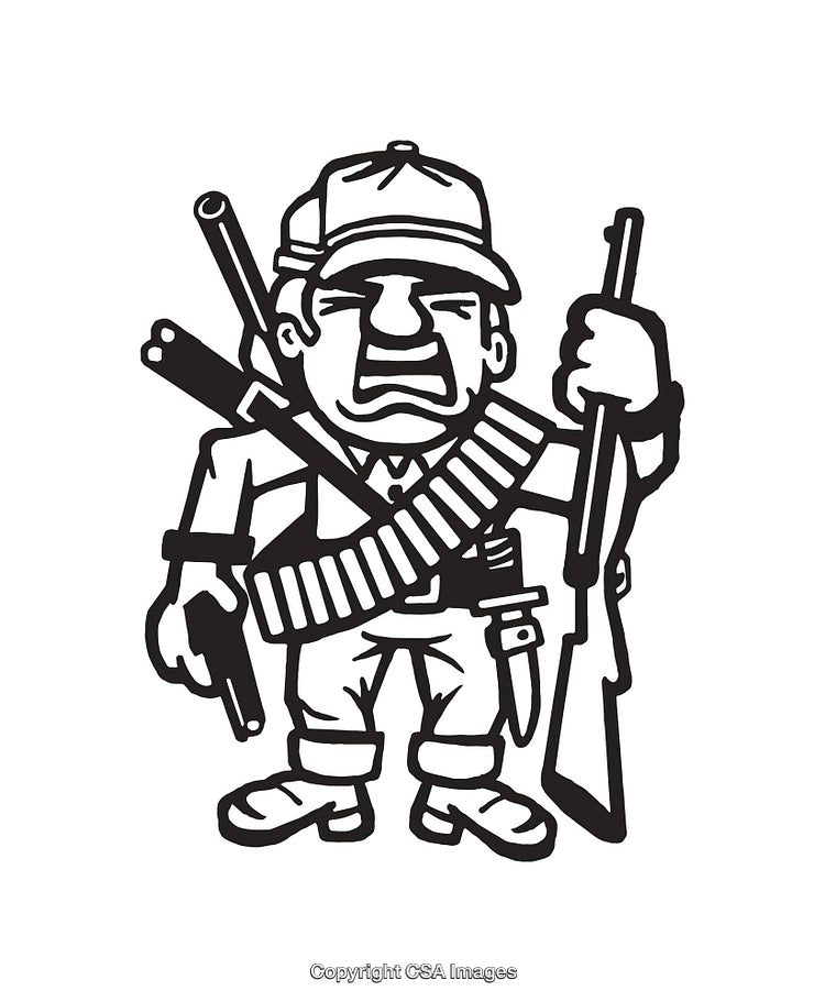 Black and White Line Art of Armed Soldier Character Illustration