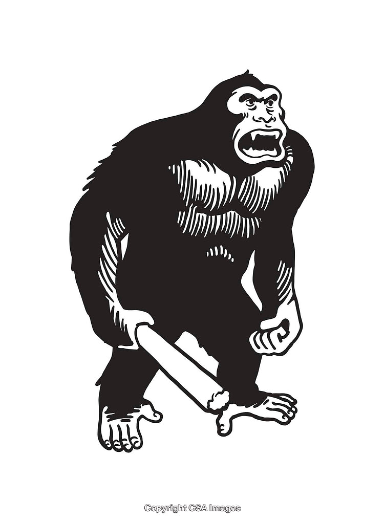 Black and White Line Art of Gorilla Holding a Bone