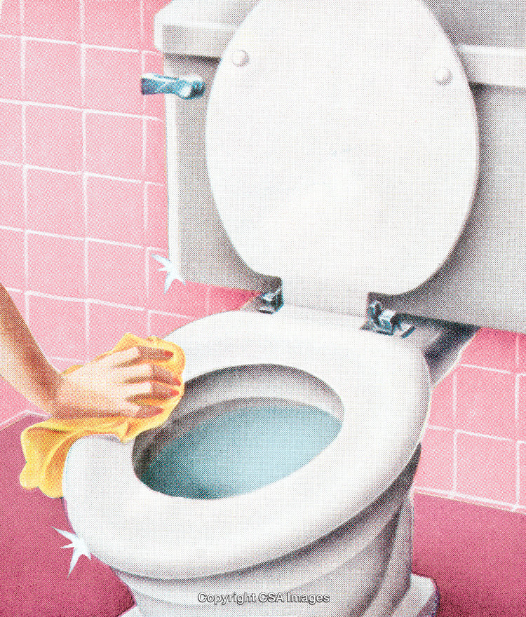 Person Cleaning Toilet Bowl in Bathroom With Pink Tile Walls and Sparkling Finish