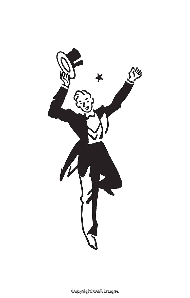 Illustration of a Celebratory Performer Holding a Top Hat in Joyful Gesture