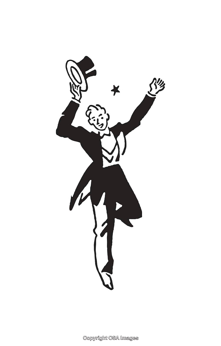 Illustration of a Celebratory Performer Holding a Top Hat in Joyful Gesture