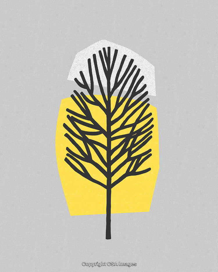 Abstract Tree Illustration with Yellow and Gray Geometric Shapes