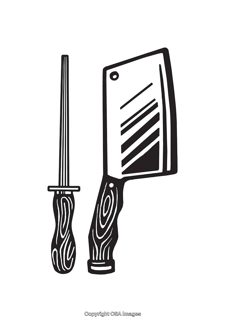 Black And White Line Art of Butcher Knife and Sharpening Tool