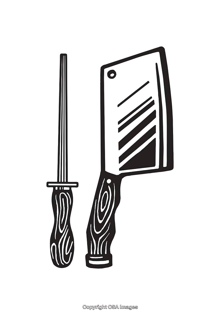 Black And White Line Art of Butcher Knife and Sharpening Tool