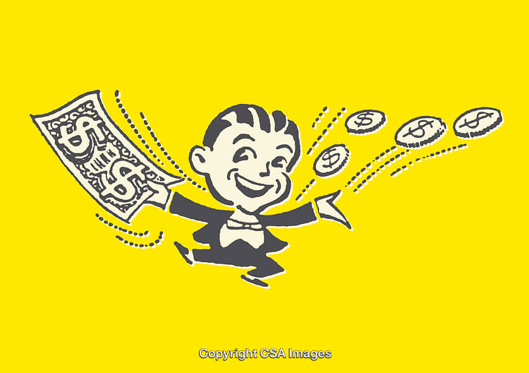 Cartoon Illustration of a Happy Character Holding Money with a Bright Background