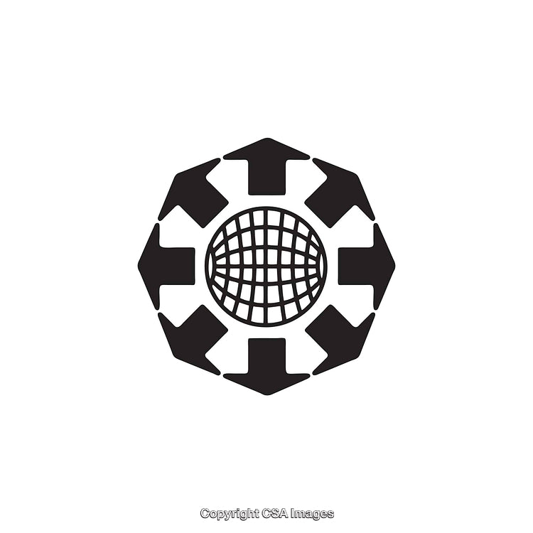 Black and White Icon Depicting a Globe with Arrow Encircling