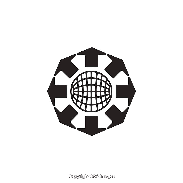Black and White Icon Depicting a Globe with Arrow Encircling