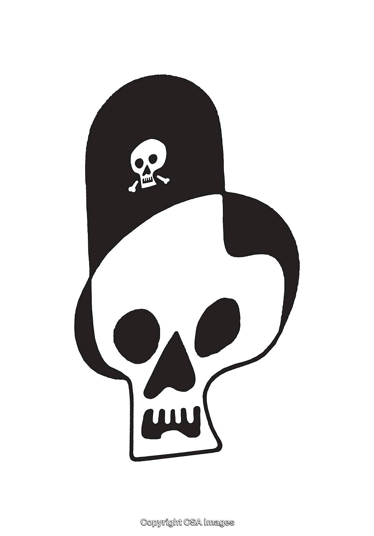 Black and White Skull Illustration with Hat Featuring Simple Line Art Style