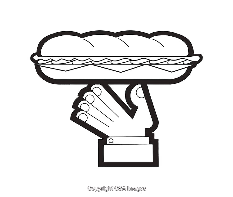 Black And White Line Art Illustration of a Sandwich on a Serving Hand