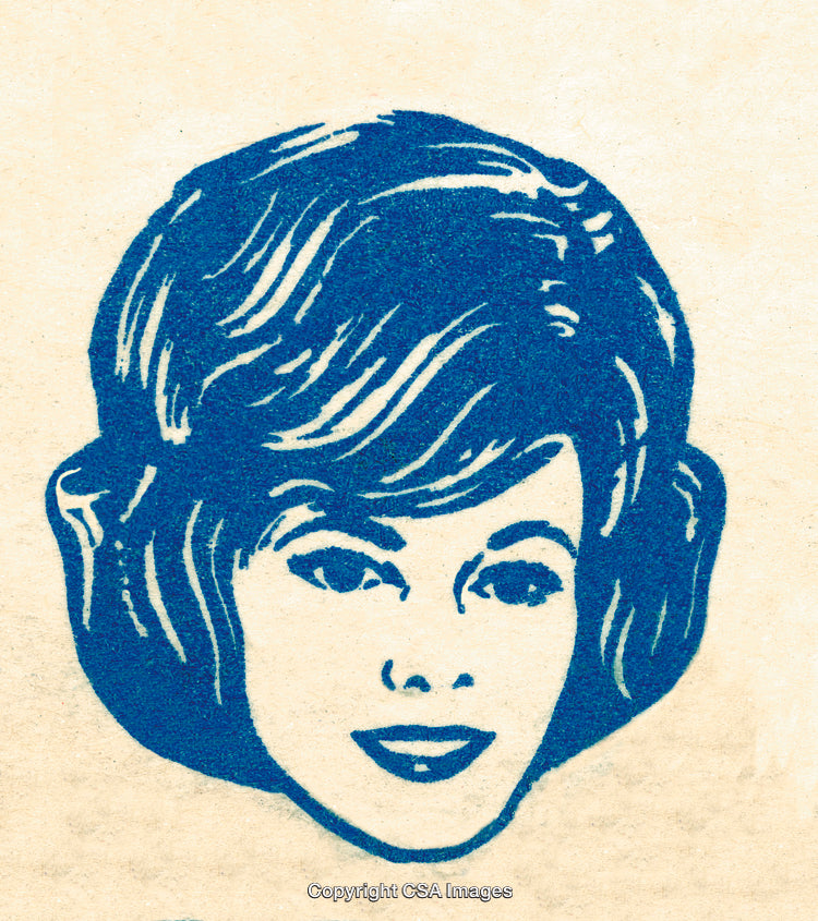 Vintage Illustration of a Smiling Woman with Retro 1960s Haircut in Blue Print