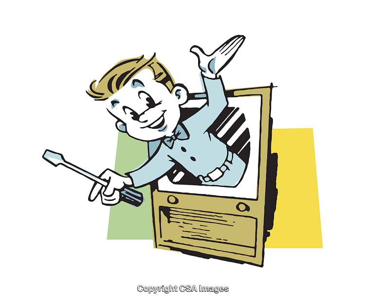 Retro Cartoon Illustration of Man Emerging from Vintage Television with Tool