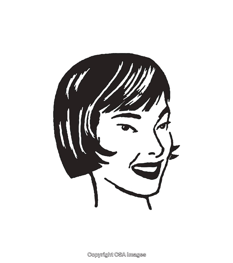 Retro Black and White Line Art Portrait of a Woman Smiling