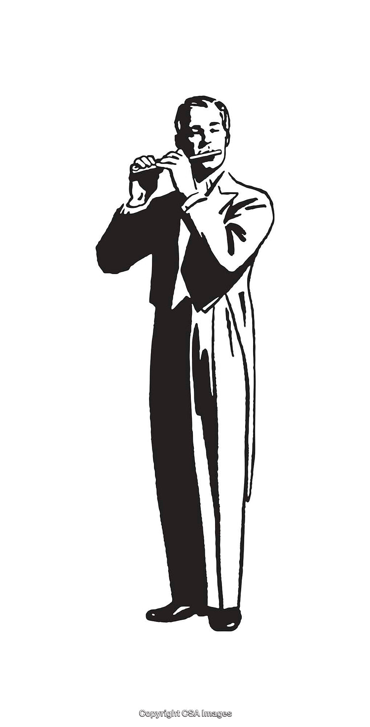 Black and White Line Art of a Man Playing Flute