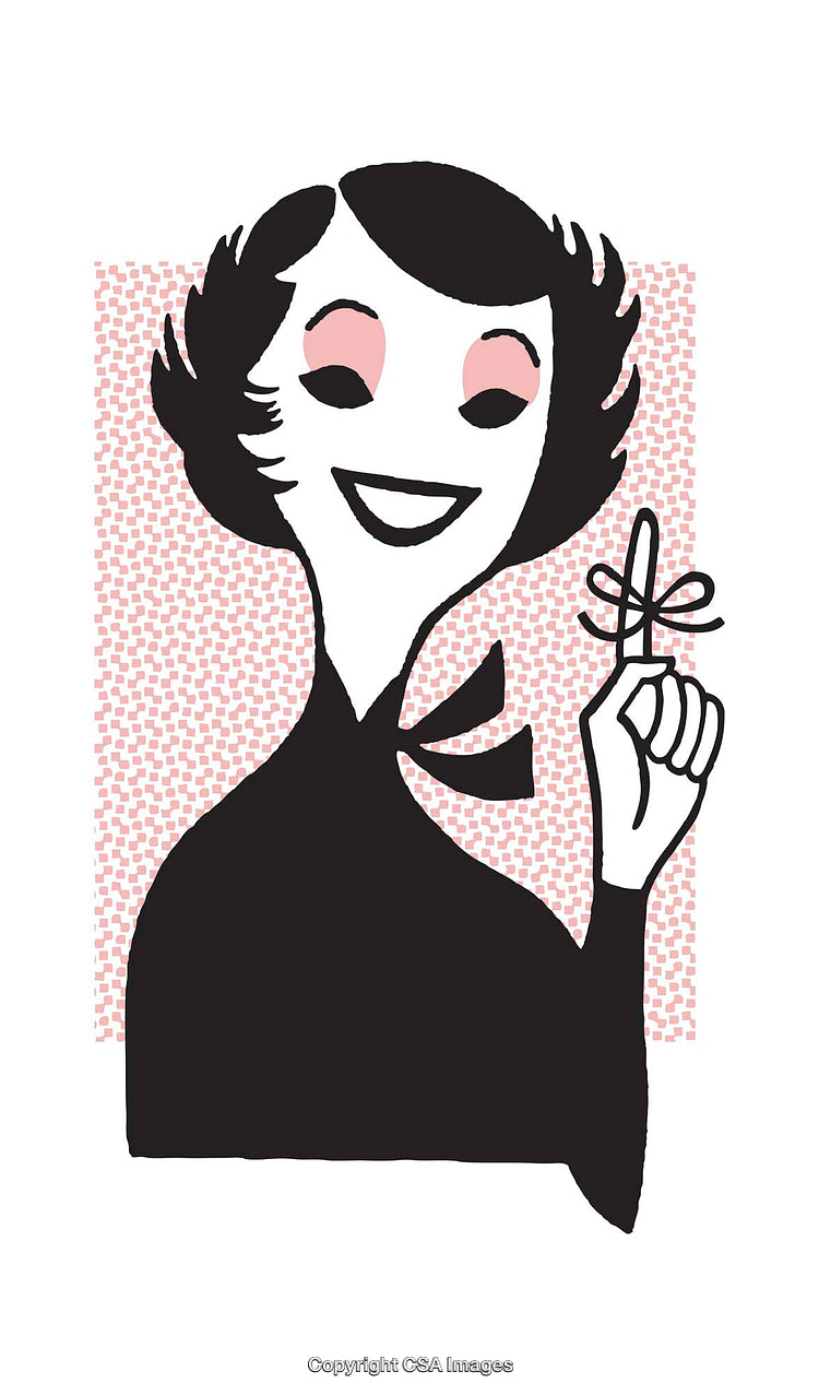 Retro Illustration of Smiling Woman with Bow Tied Finger Reminder