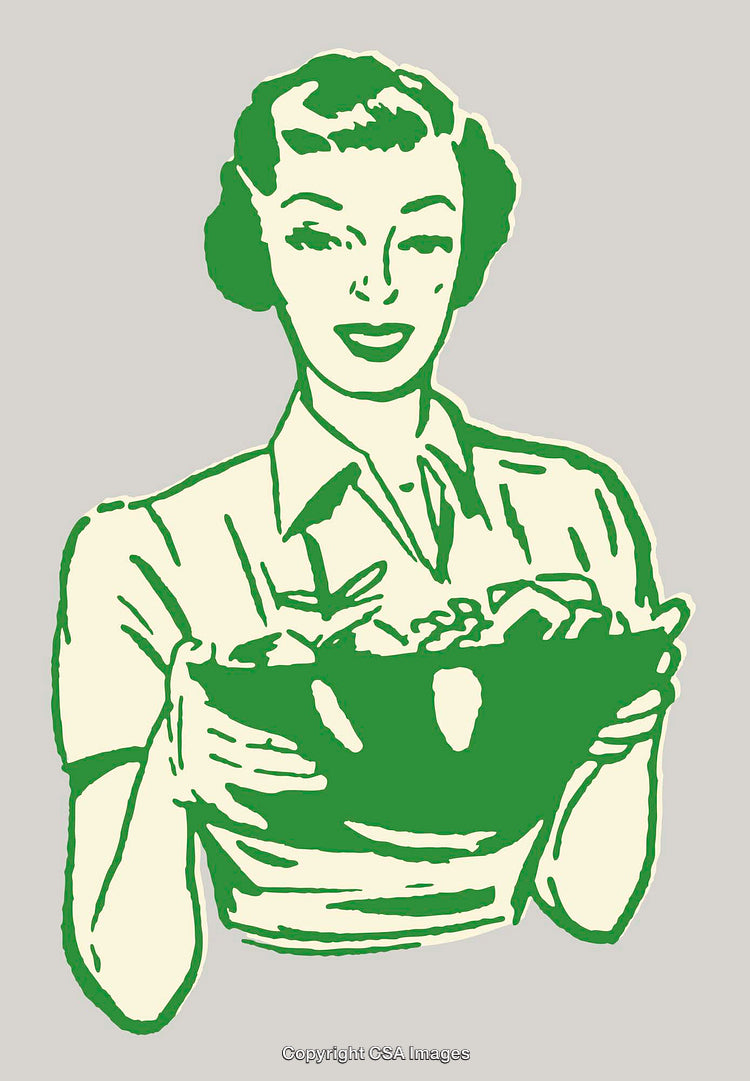 Vintage Line Art of Woman Holding Salad Bowl in Retro Style