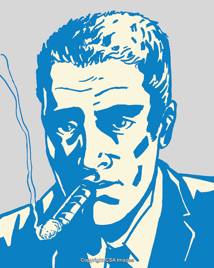 Retro Styled Illustration of a Man Smoking a Cigar in Blue Tones