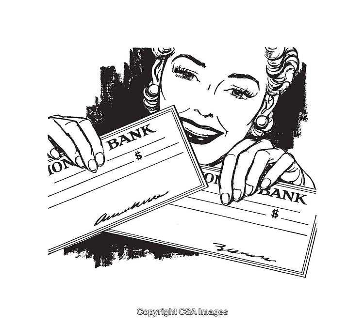 Retro Style Line Art Illustration of Woman Holding Two Banking Checks
