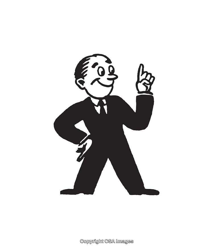 Classic Black and White Illustration of a Confident Businessman Pointing