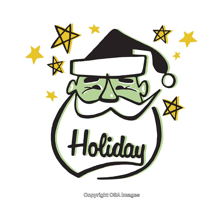 Whimsical Holiday Illustration Featuring Santa Claus and Decorative Stars