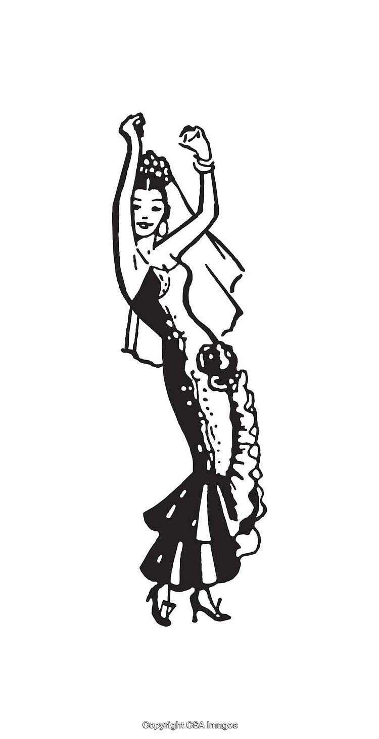 Graceful Dancing Woman in Traditional Spanish Dress Line Art Illustration