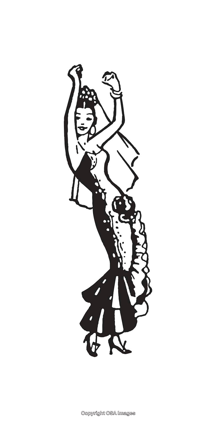 Graceful Dancing Woman in Traditional Spanish Dress Line Art Illustration