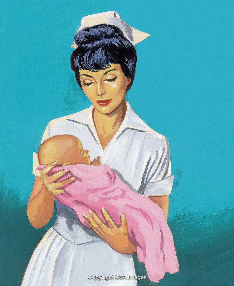 Nurse Holding Baby Wrapped in Pink Blanket on Bright Background