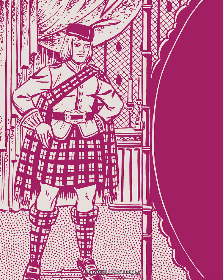 Vintage Illustration of a Man in Traditional Scottish Attire Indoors