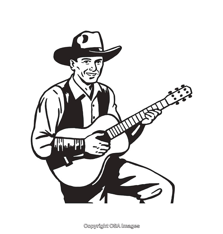 Vintage Cowboy Playing Acoustic Guitar Artwork in Black and White Style