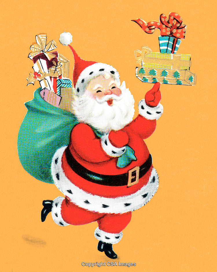 Colorful Illustration of Santa Claus Carrying Gifts with Joyful Expression
