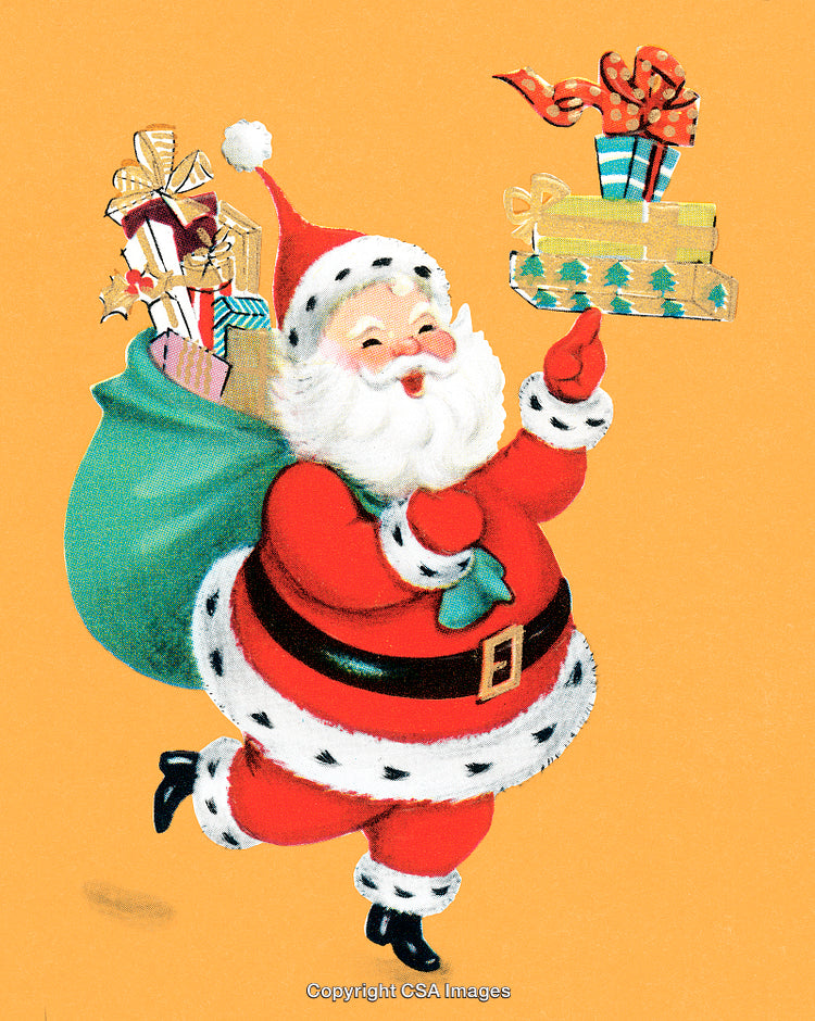 Colorful Illustration of Santa Claus Carrying Gifts with Joyful Expression