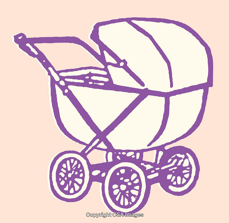 Stylized Pastel Illustration of a Baby Carriage with Purple Outline