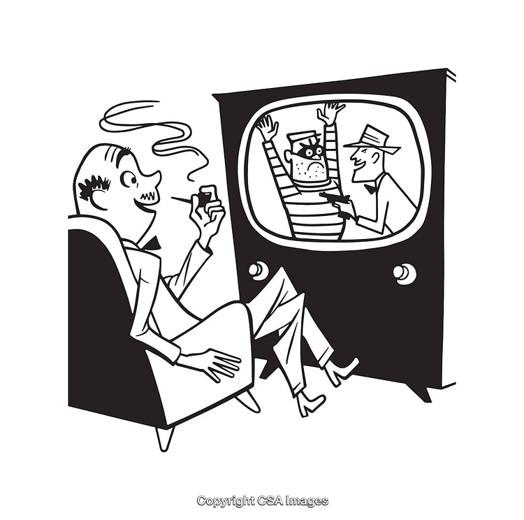 Retro Black and White Cartoon of Man Watching Television in Armchair