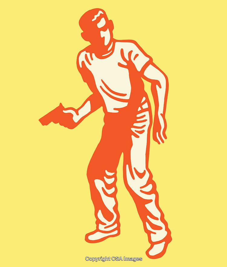 Retro Color Line Art of a Man Holding a Gun on Yellow Background