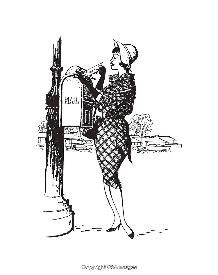 Vintage Line Art of Elegant Woman Mailing Letters in Black and White