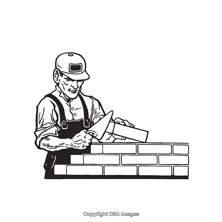 Black and White Line Art Illustration of a Mason at Work