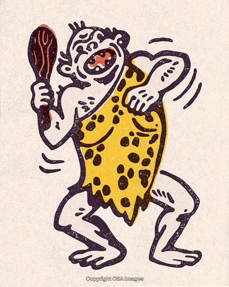 Cartoon Illustration of a Caveman Holding a Club Wearing a Speckled Outfit