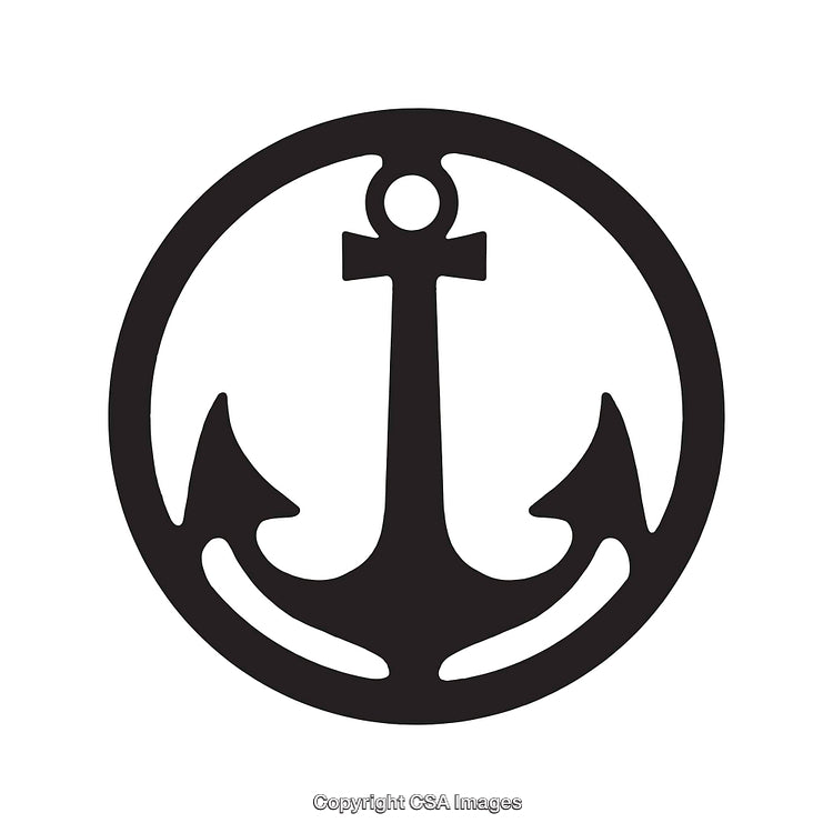 Black and White Outline of Anchor Inside Circular Frame Symbol Art
